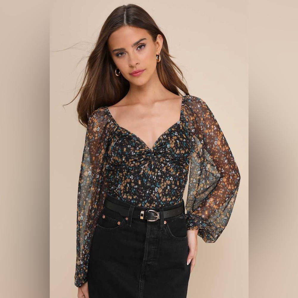 NEW Lulus Sweet Beauty Black Floral Print Knot-Front Bodysuit